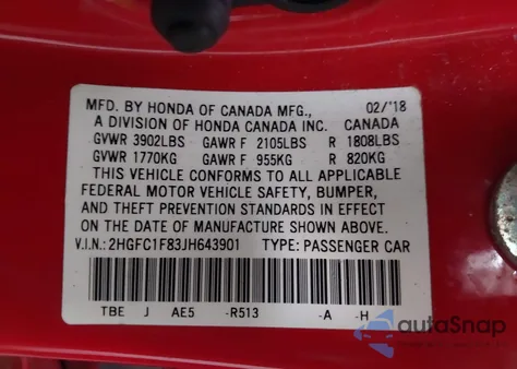 2018 Honda Civic Ex-L from USA, damaged, VIN 2HGFC1F83JH643901